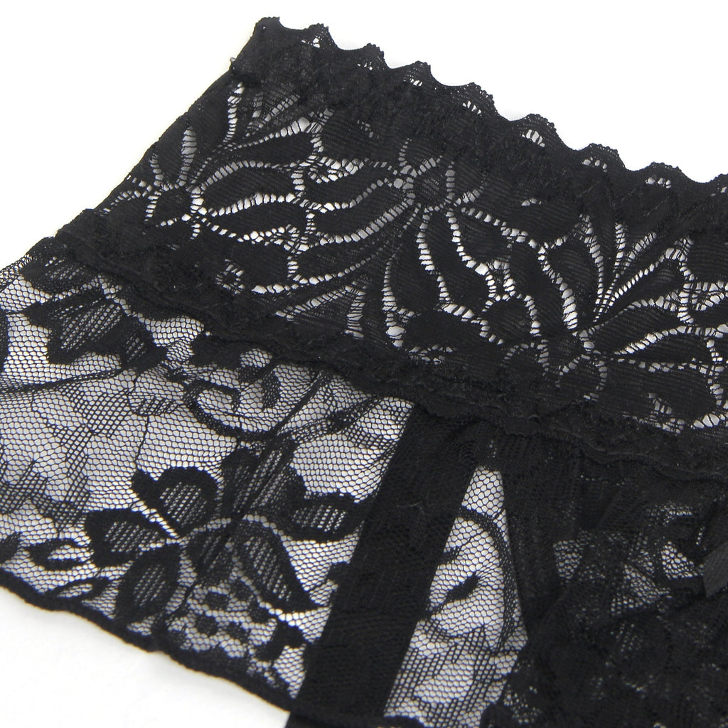 Black Lace Mesh One - Piece Garter Panty with Ruffled Hem & Hollowed Back - TeaseFashion