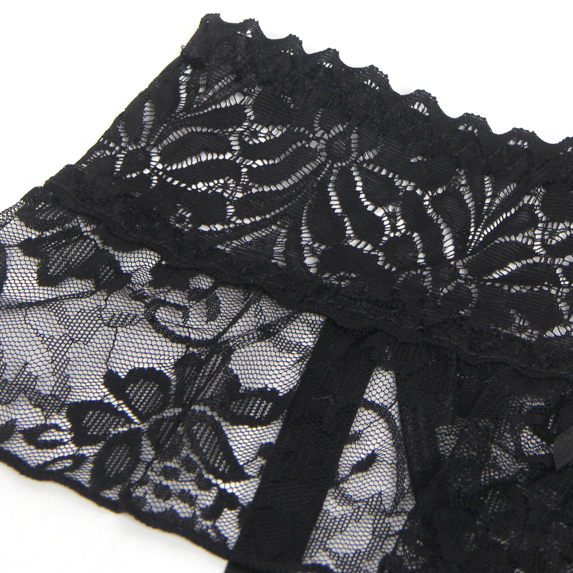 Black Lace Mesh One - Piece Garter Panty with Ruffled Hem & Hollowed Back - TeaseFashion
