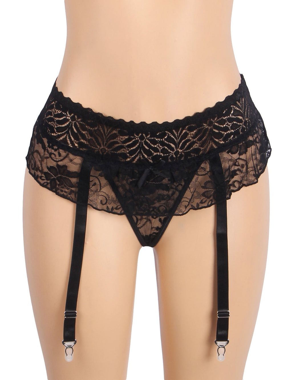 Black Lace Mesh One - Piece Garter Panty with Ruffled Hem & Hollowed Back - TeaseFashion