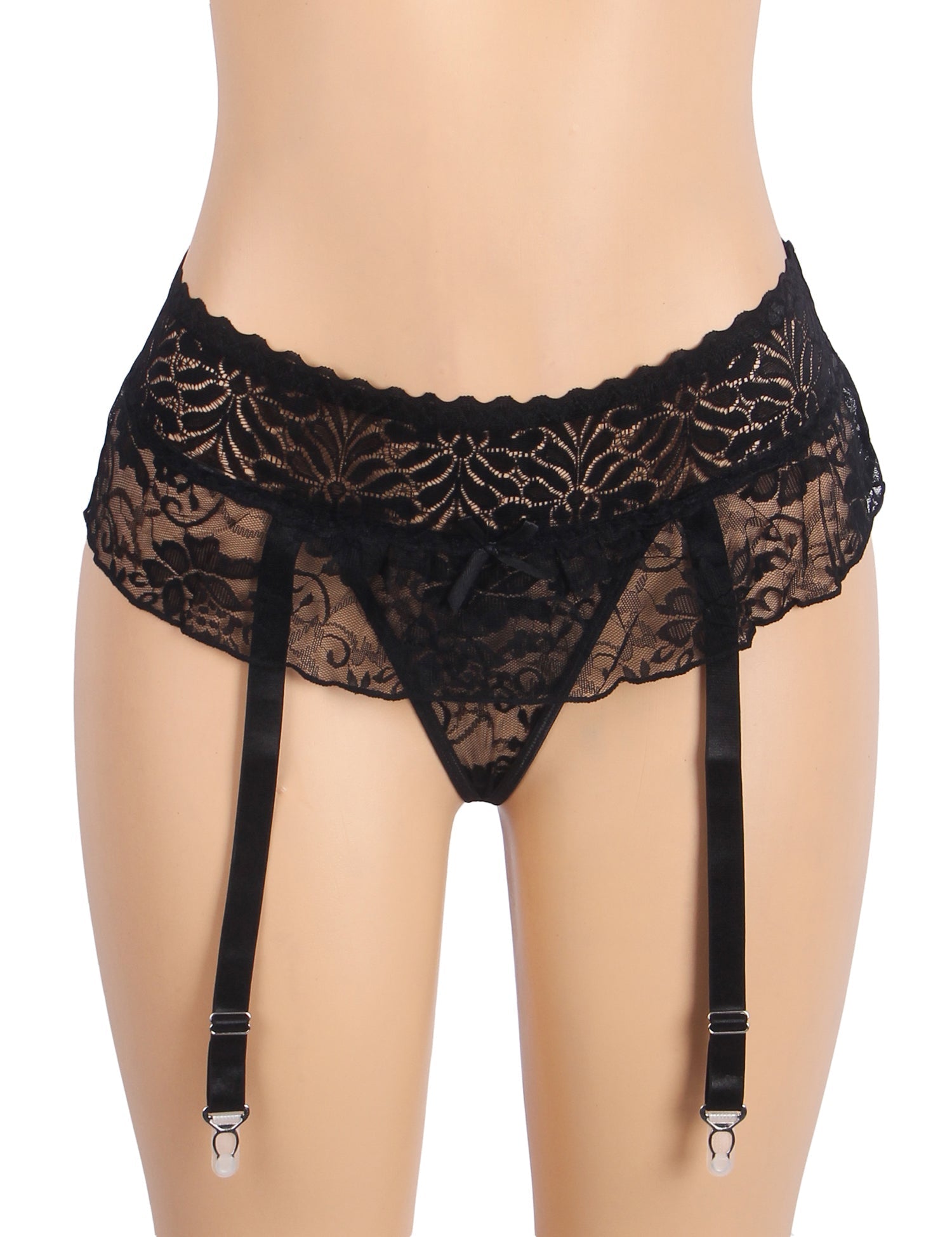 Black Lace Mesh One - Piece Garter Panty with Ruffled Hem & Hollowed Back - TeaseFashion