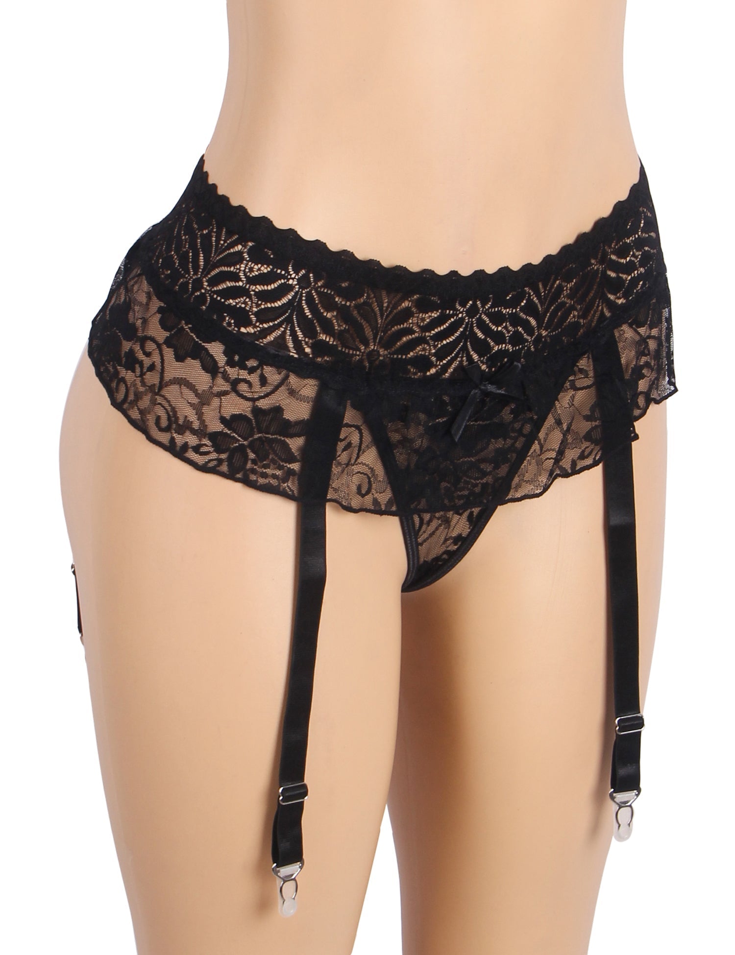 Black Lace Mesh One - Piece Garter Panty with Ruffled Hem & Hollowed Back - TeaseFashion