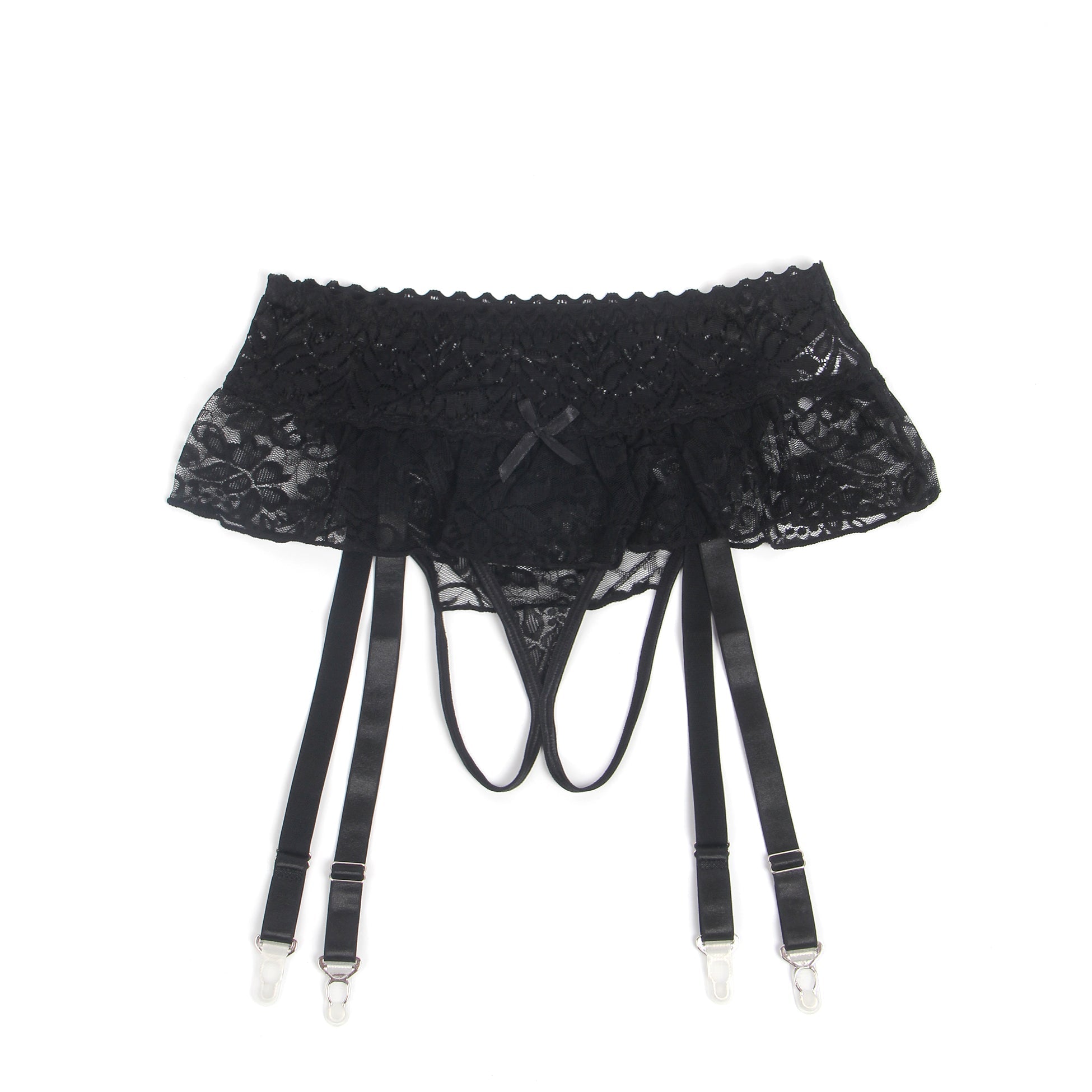 Black Lace Mesh One - Piece Garter Panty with Ruffled Hem & Hollowed Back - TeaseFashion