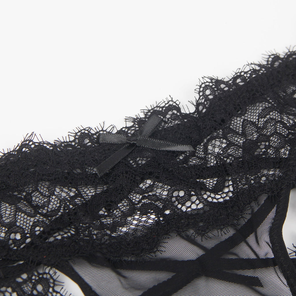 Black Lace & Mesh Panty – V - Back with Cross - Stitch & Bow Detail - TeaseFashion