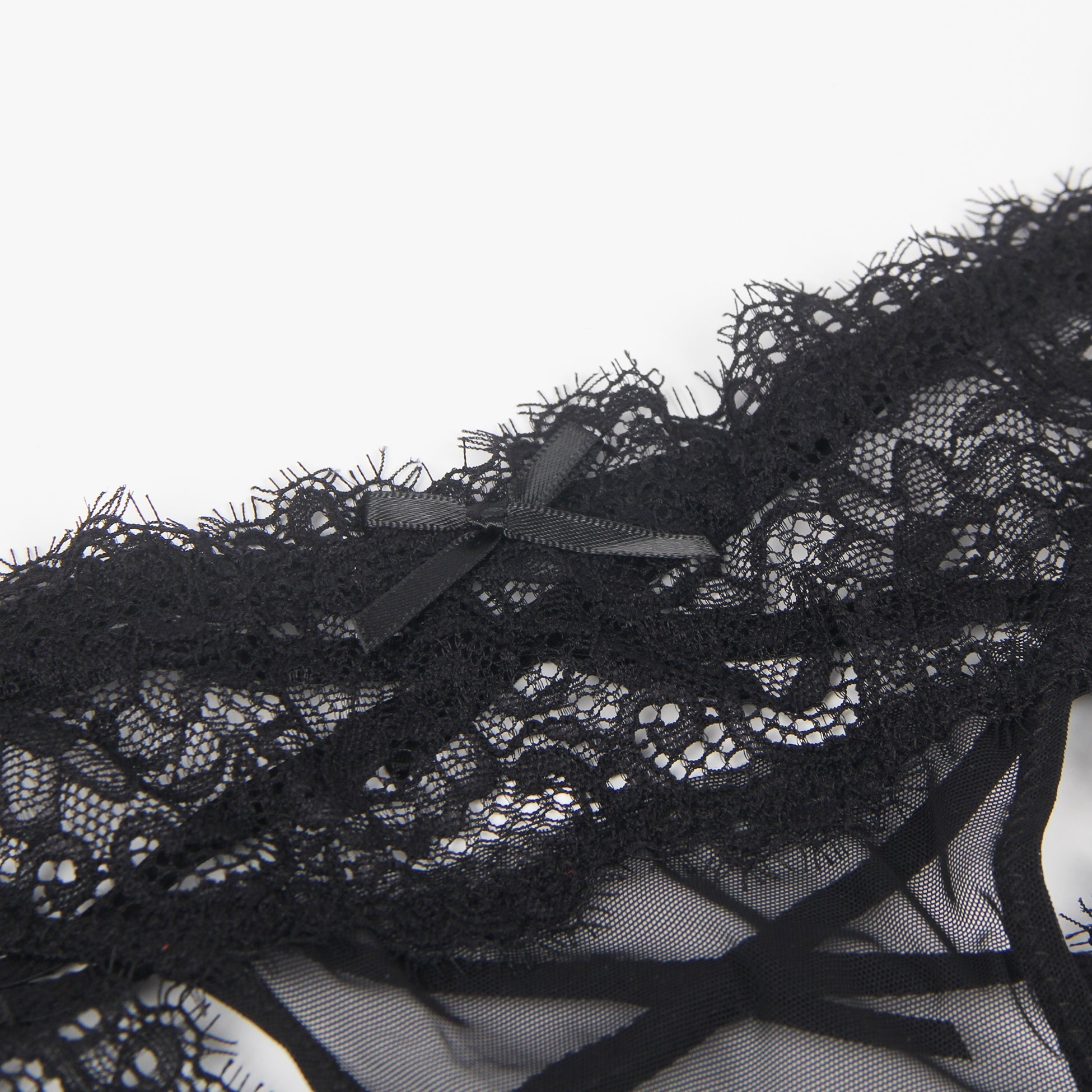 Black Lace & Mesh Panty – V - Back with Cross - Stitch & Bow Detail - TeaseFashion