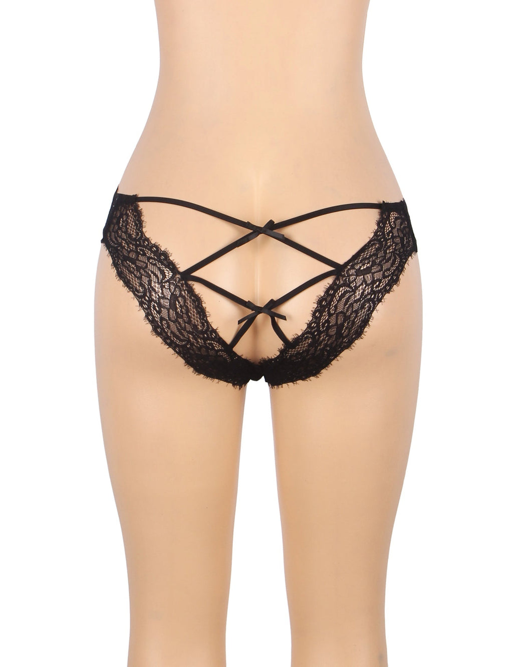 Black Lace & Mesh Panty – V - Back with Cross - Stitch & Bow Detail - TeaseFashion