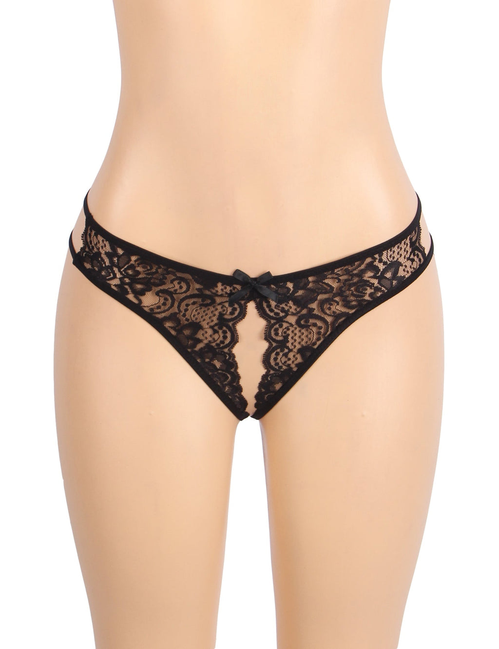 Black Lace Mesh Panty with Side Cutouts, Front Bow & Open Crotch - TeaseFashion
