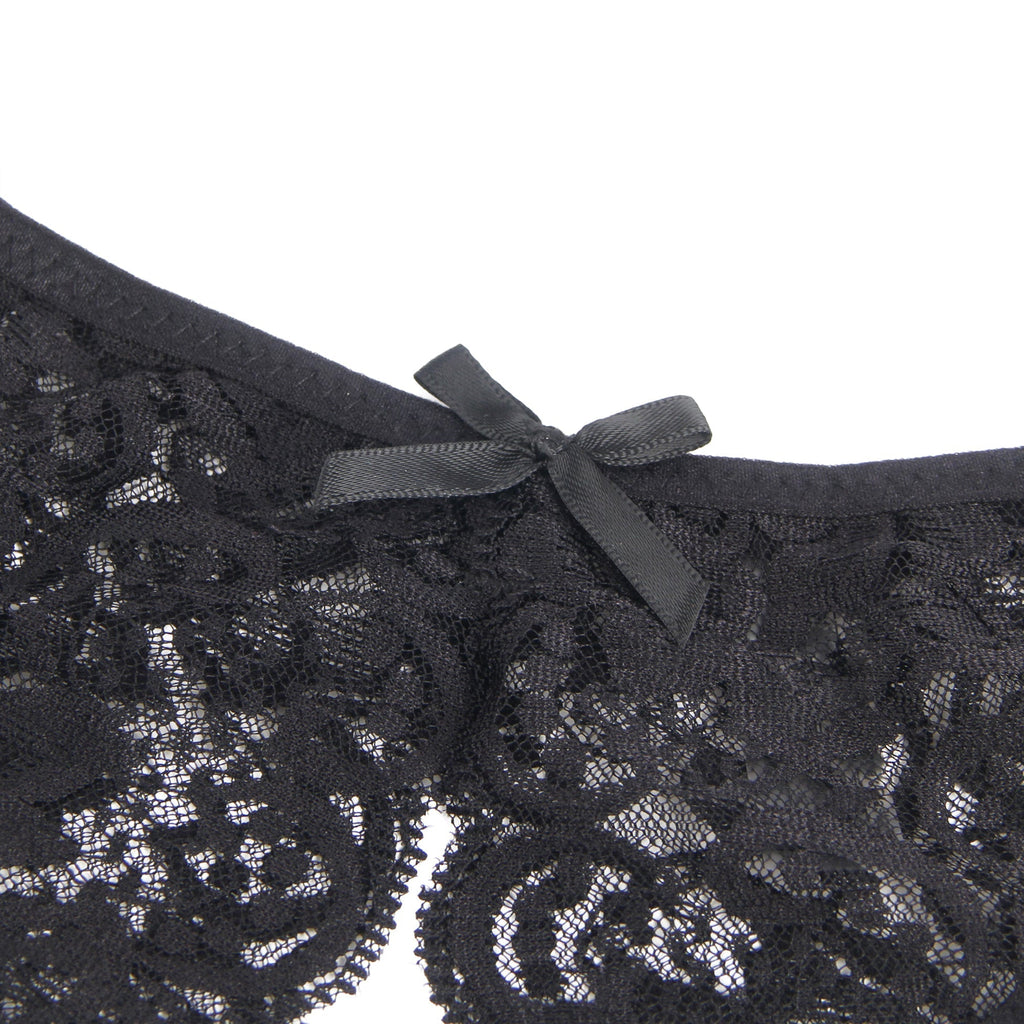 Black Lace Mesh Panty with Side Cutouts, Front Bow & Open Crotch - TeaseFashion