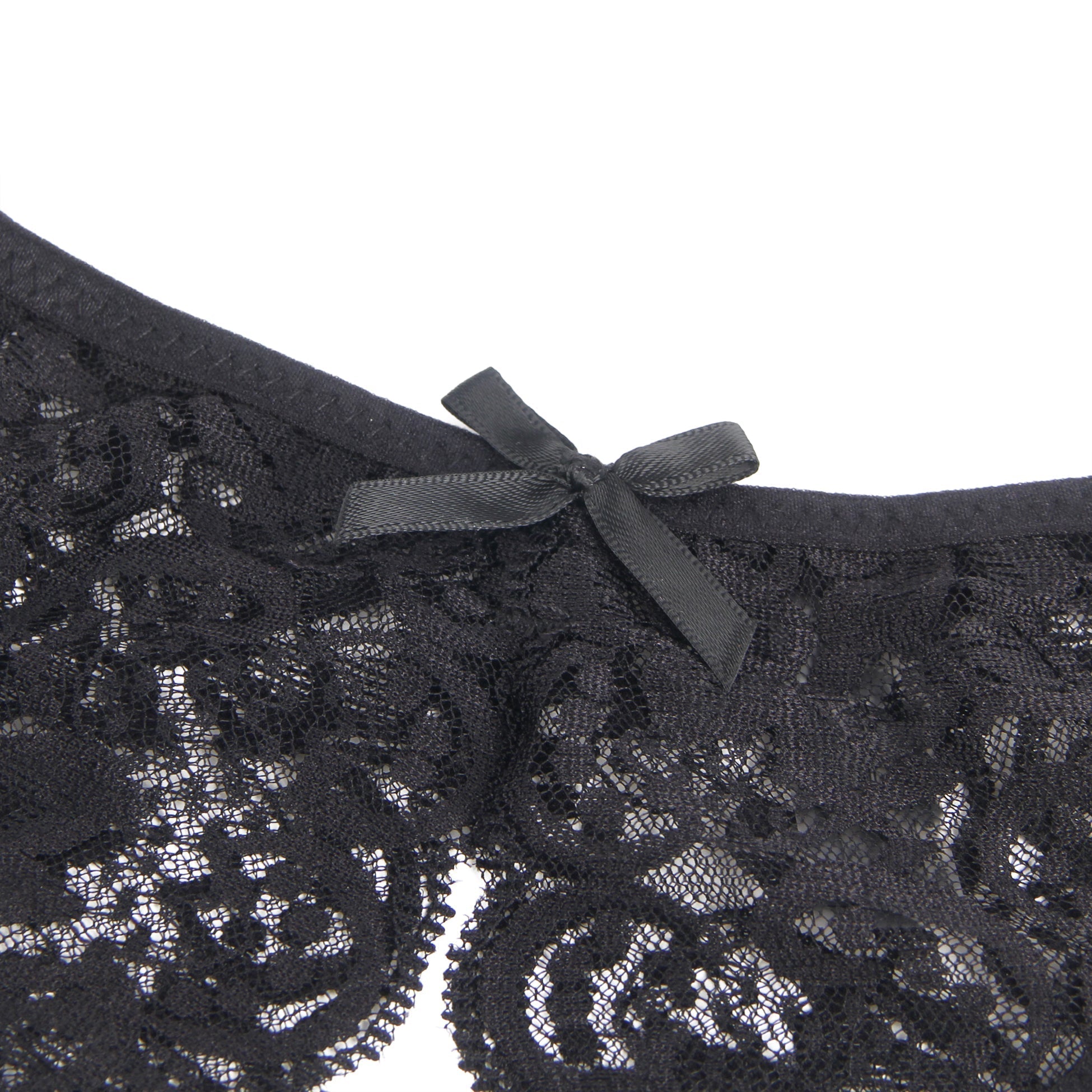 Black Lace Mesh Panty with Side Cutouts, Front Bow & Open Crotch - TeaseFashion
