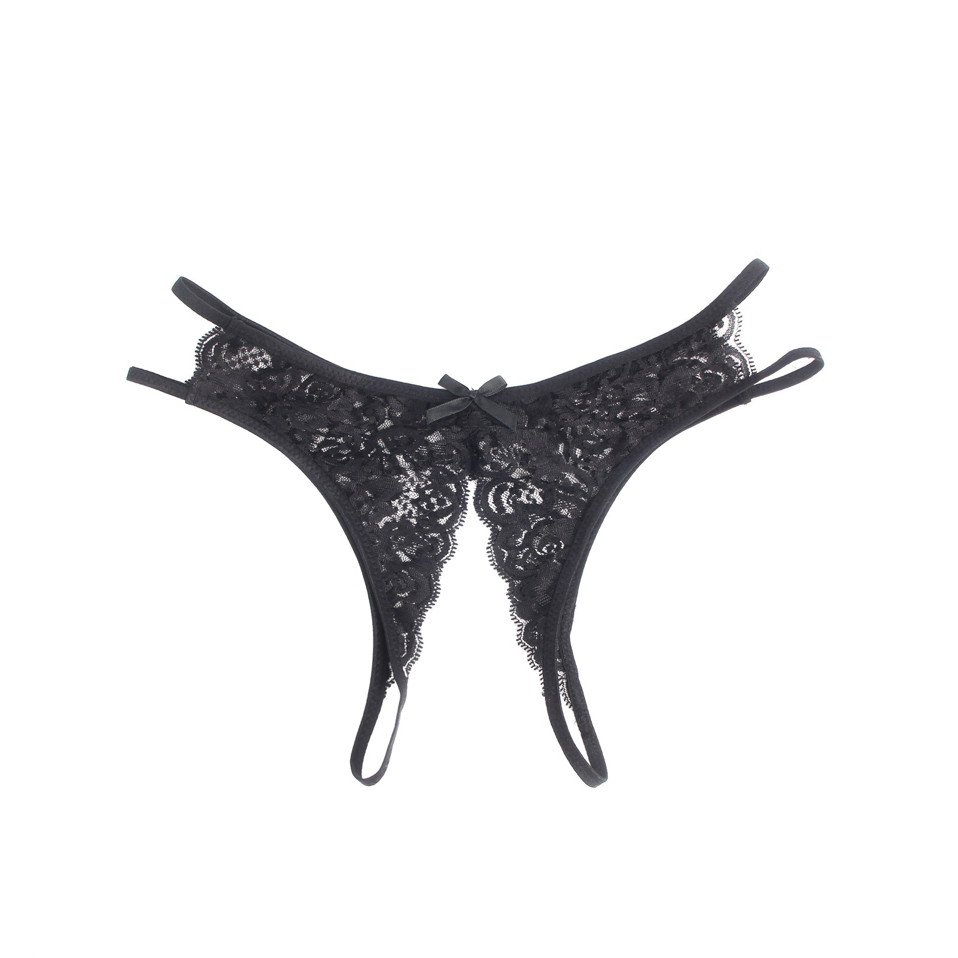 Black Lace Mesh Panty with Side Cutouts, Front Bow & Open Crotch - TeaseFashion