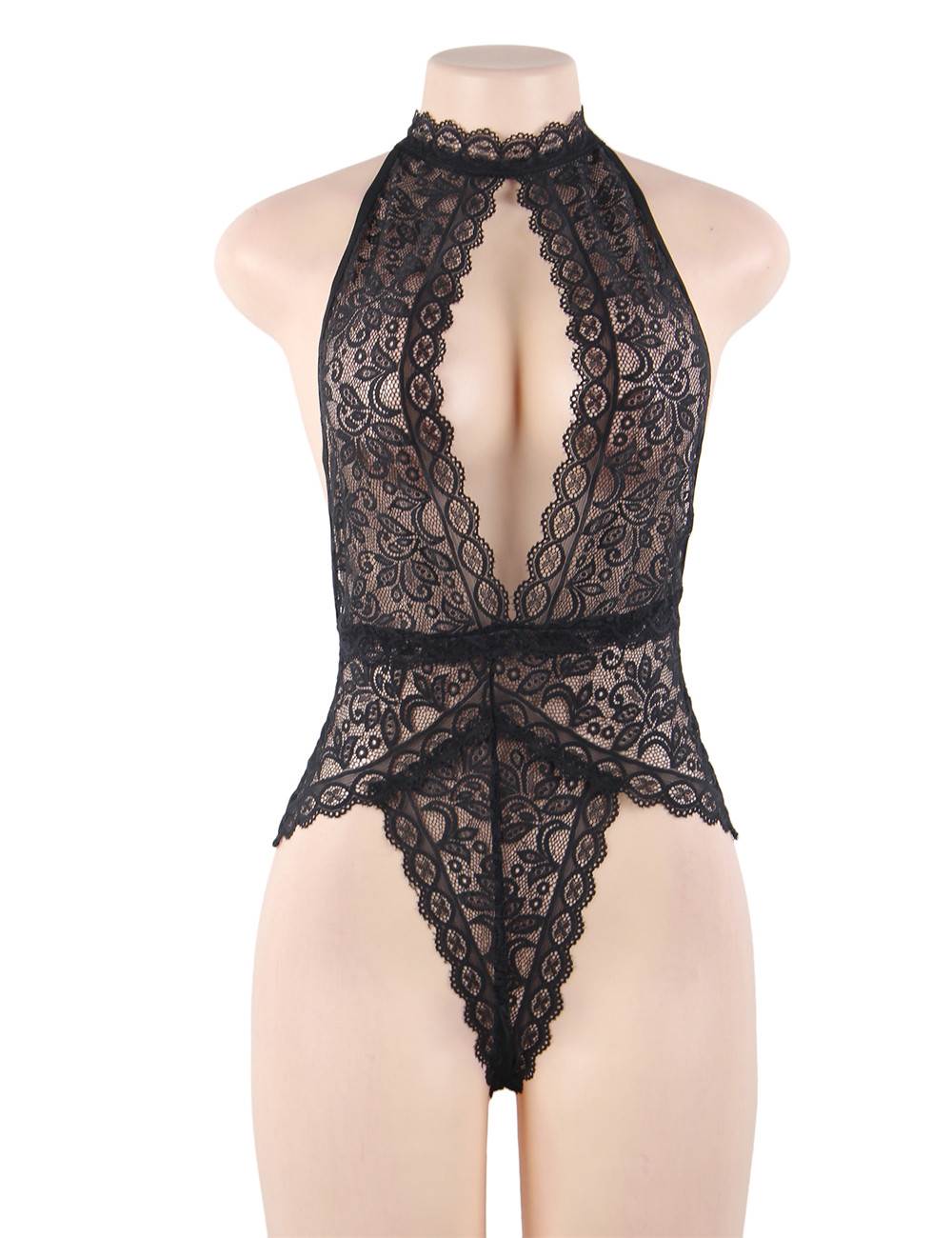 Black Lace Mesh Teddy – Halter Neck, Hollow Cut - Out Detail & Open Back - TeaseFashion