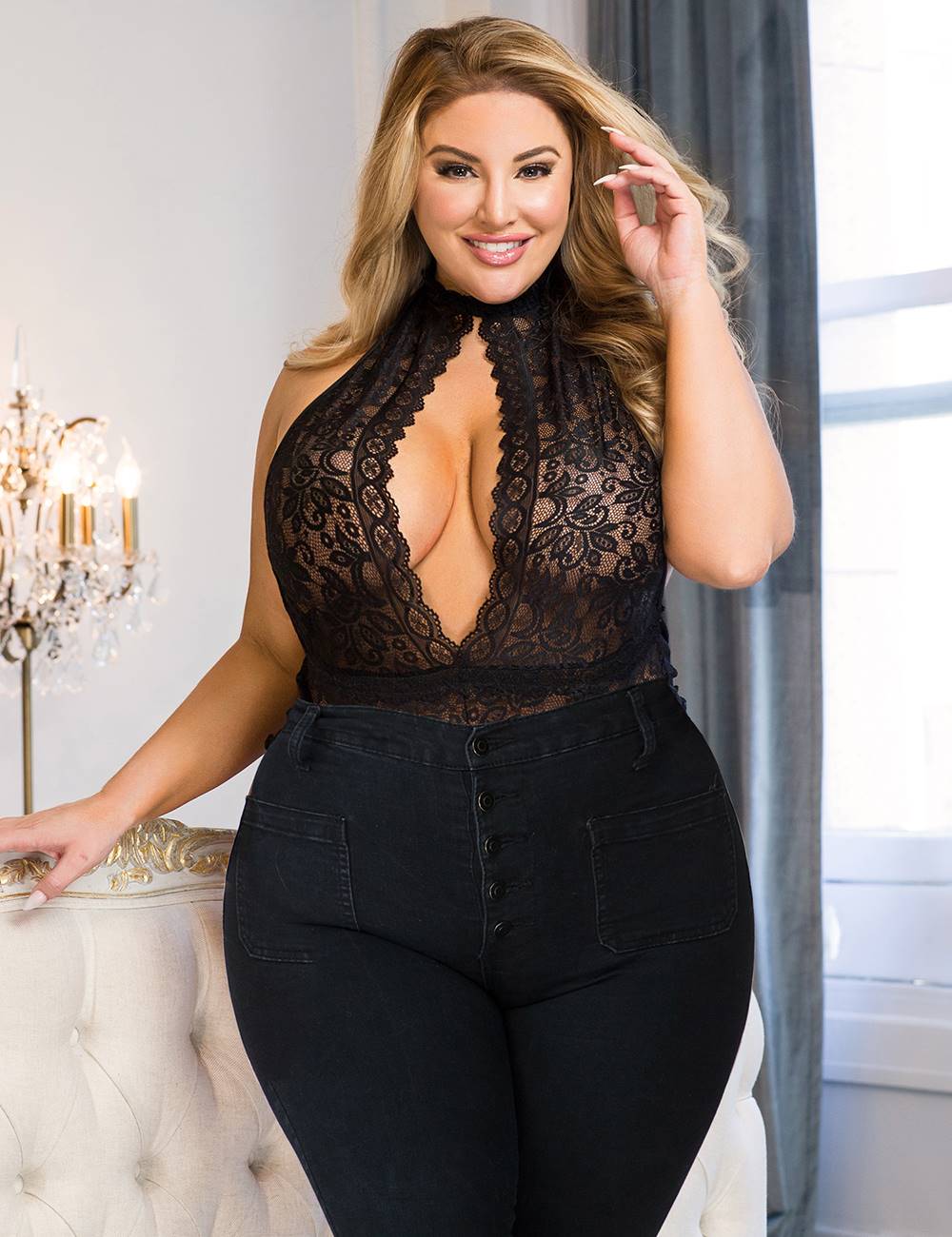 Black Lace Mesh Teddy – Halter Neck, Hollow Cut - Out Detail & Open Back - TeaseFashion