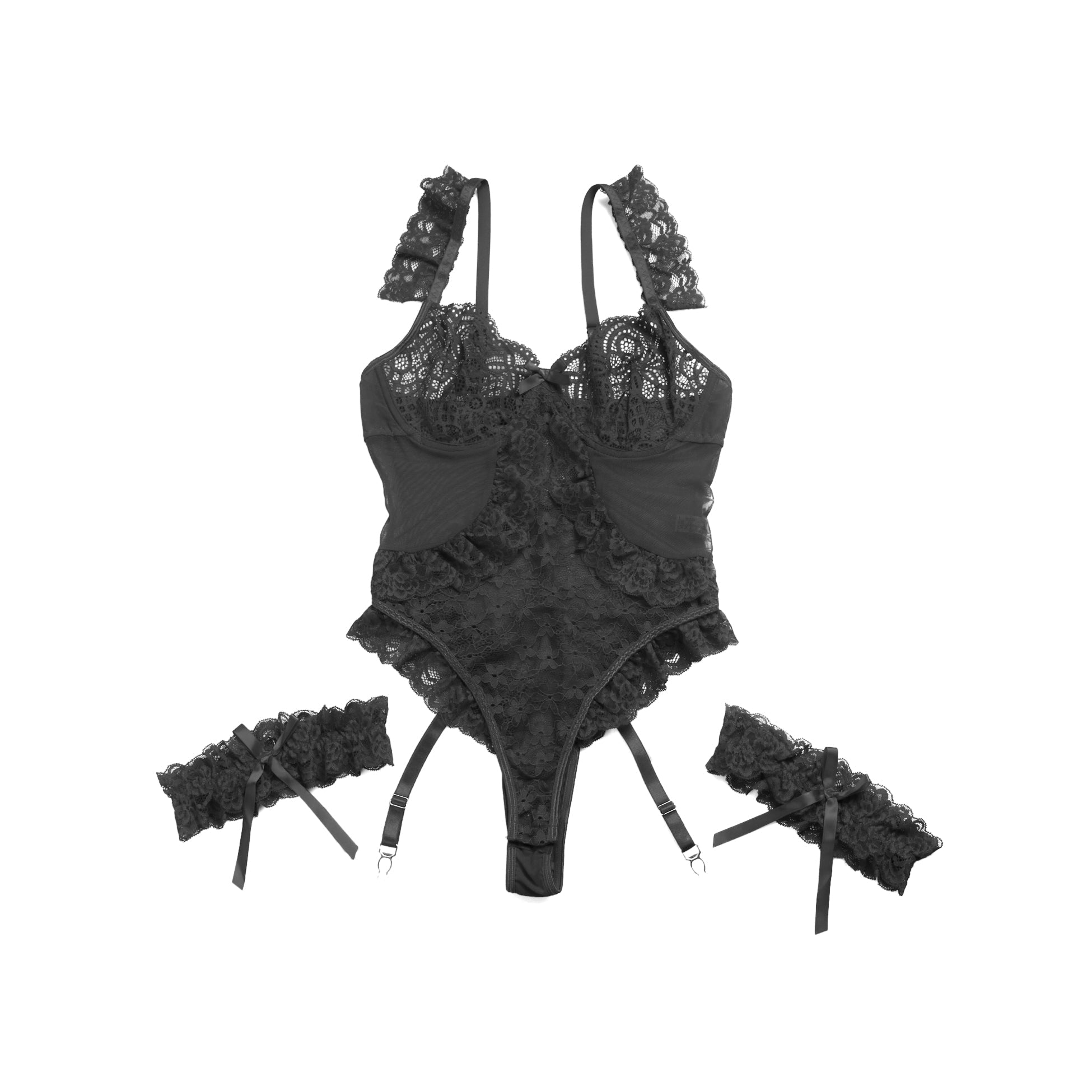 Black Lace & Mesh Teddy with 3D Floral Embroidery & Bow Garter - TeaseFashion