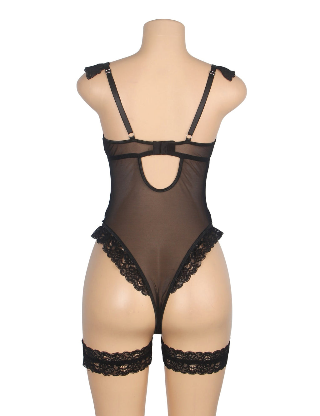 Black Lace & Mesh Teddy with 3D Floral Embroidery & Bow Garter - TeaseFashion
