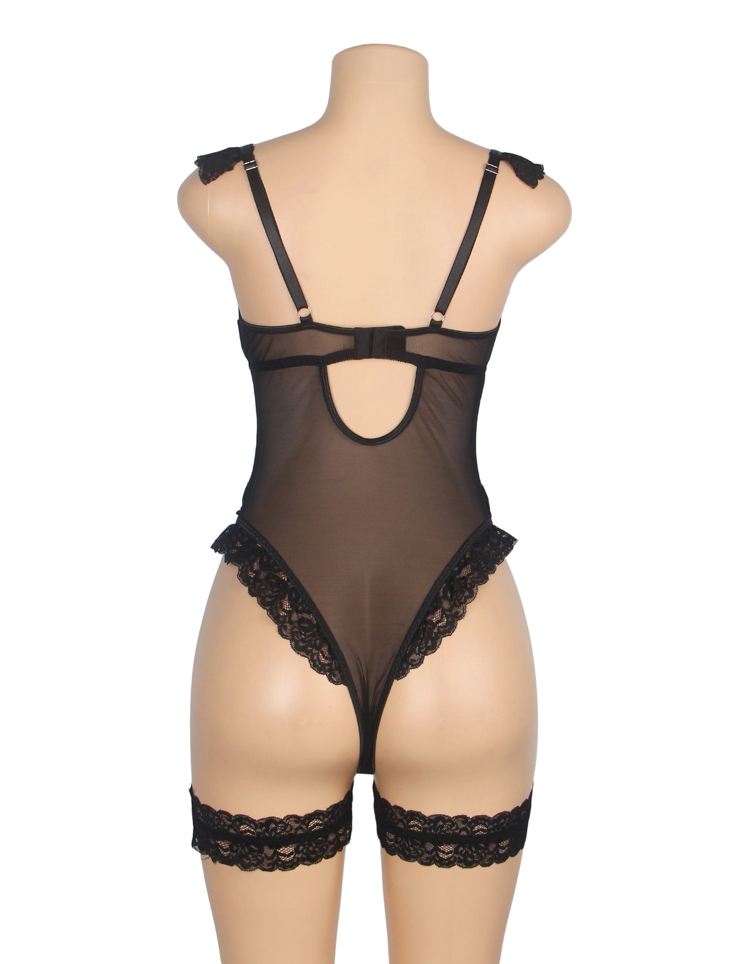 Black Lace & Mesh Teddy with 3D Floral Embroidery & Bow Garter - TeaseFashion