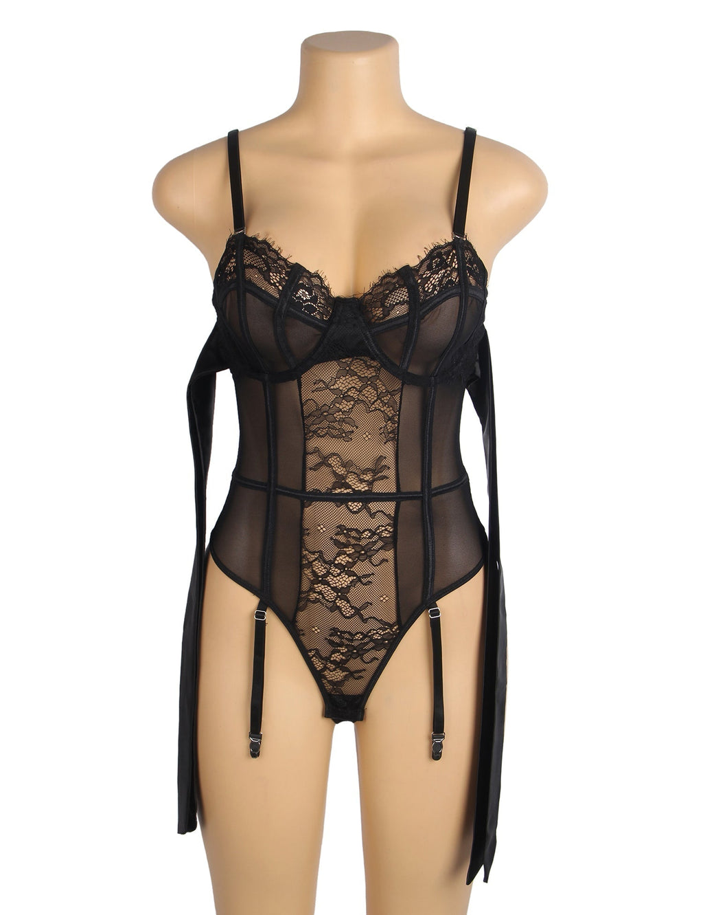 Black Lace Mesh Teddy with Bow Ties, Eyelash Lace & Garter - TeaseFashion