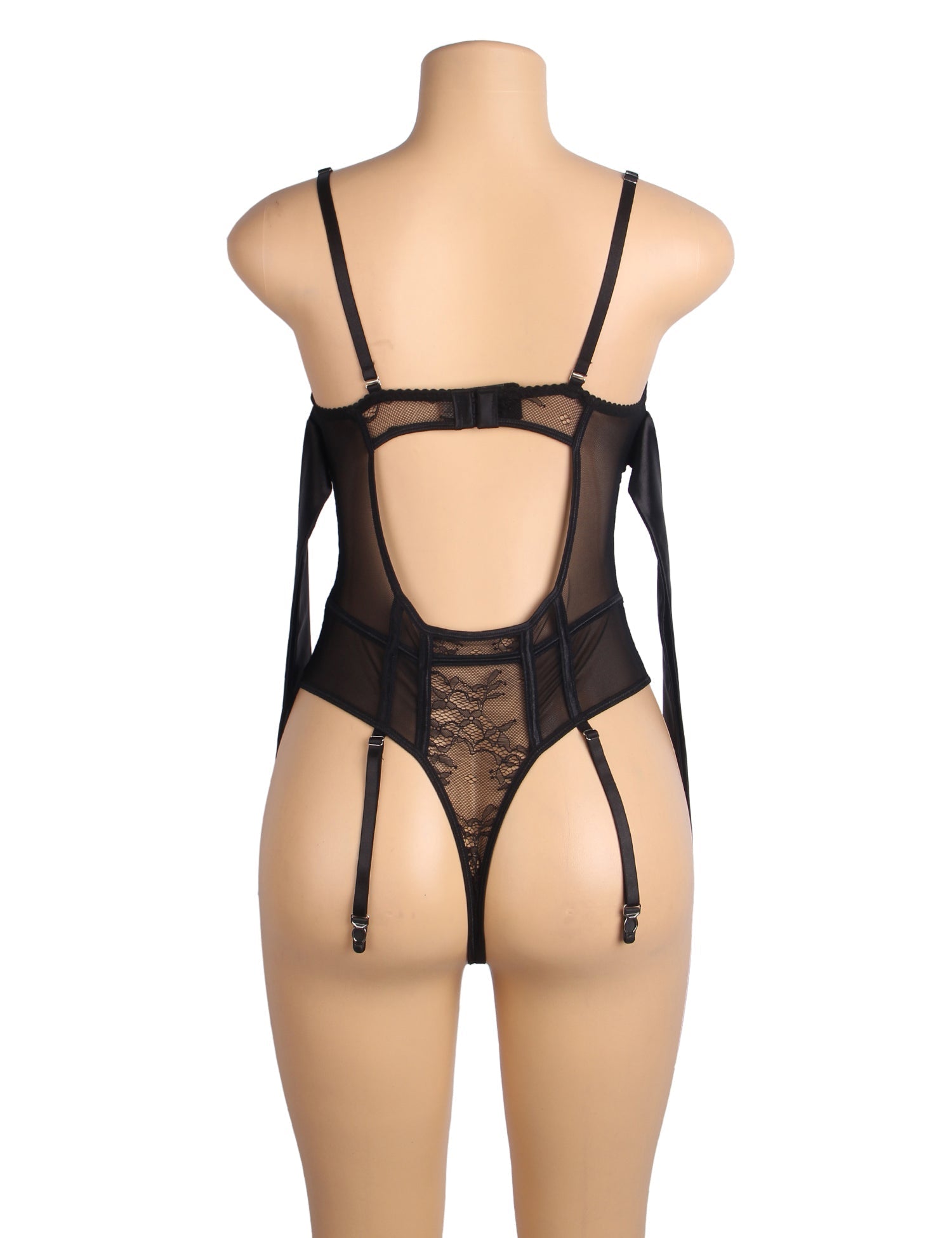 Black Lace Mesh Teddy with Bow Ties, Eyelash Lace & Garter - TeaseFashion