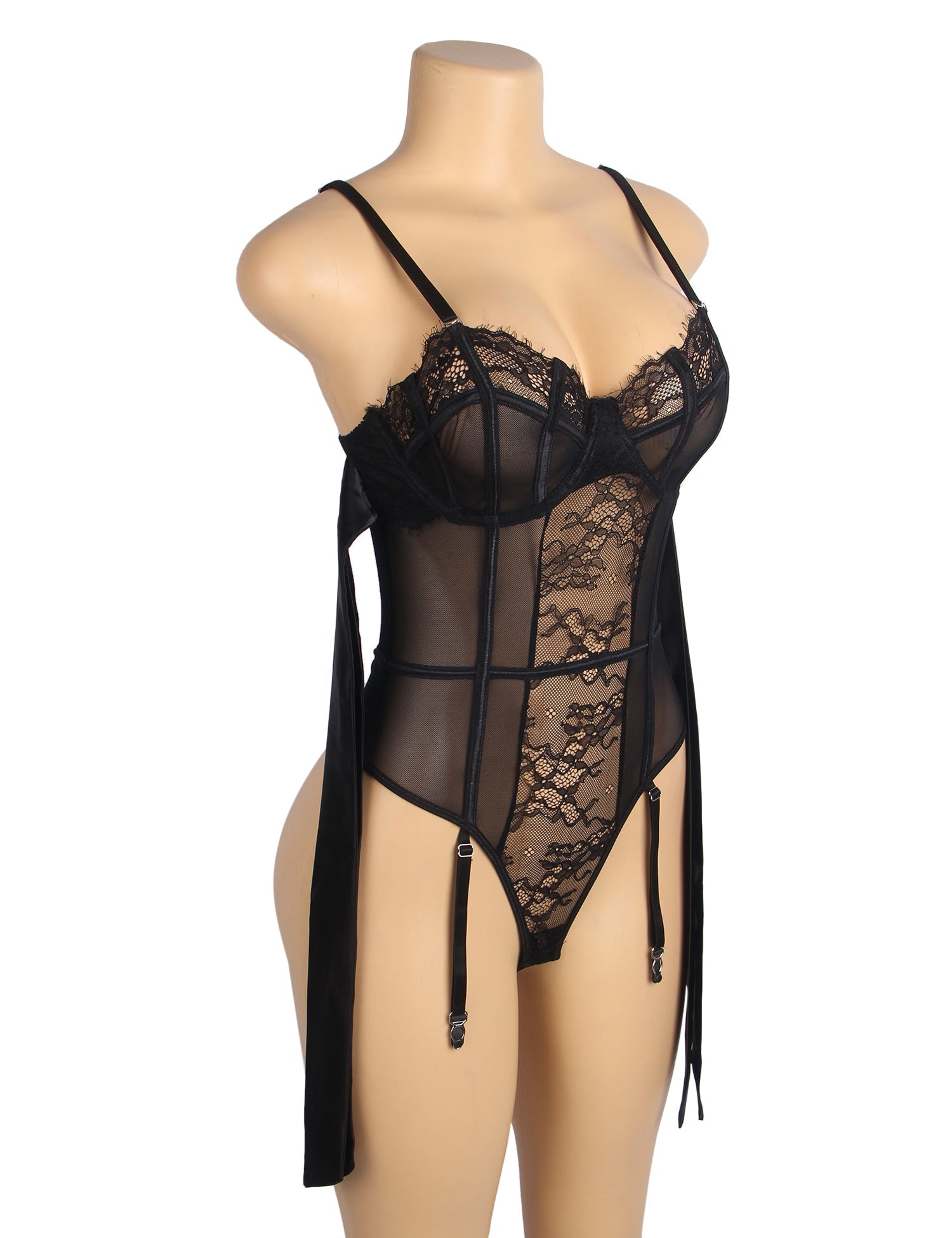 Black Lace Mesh Teddy with Bow Ties, Eyelash Lace & Garter - TeaseFashion