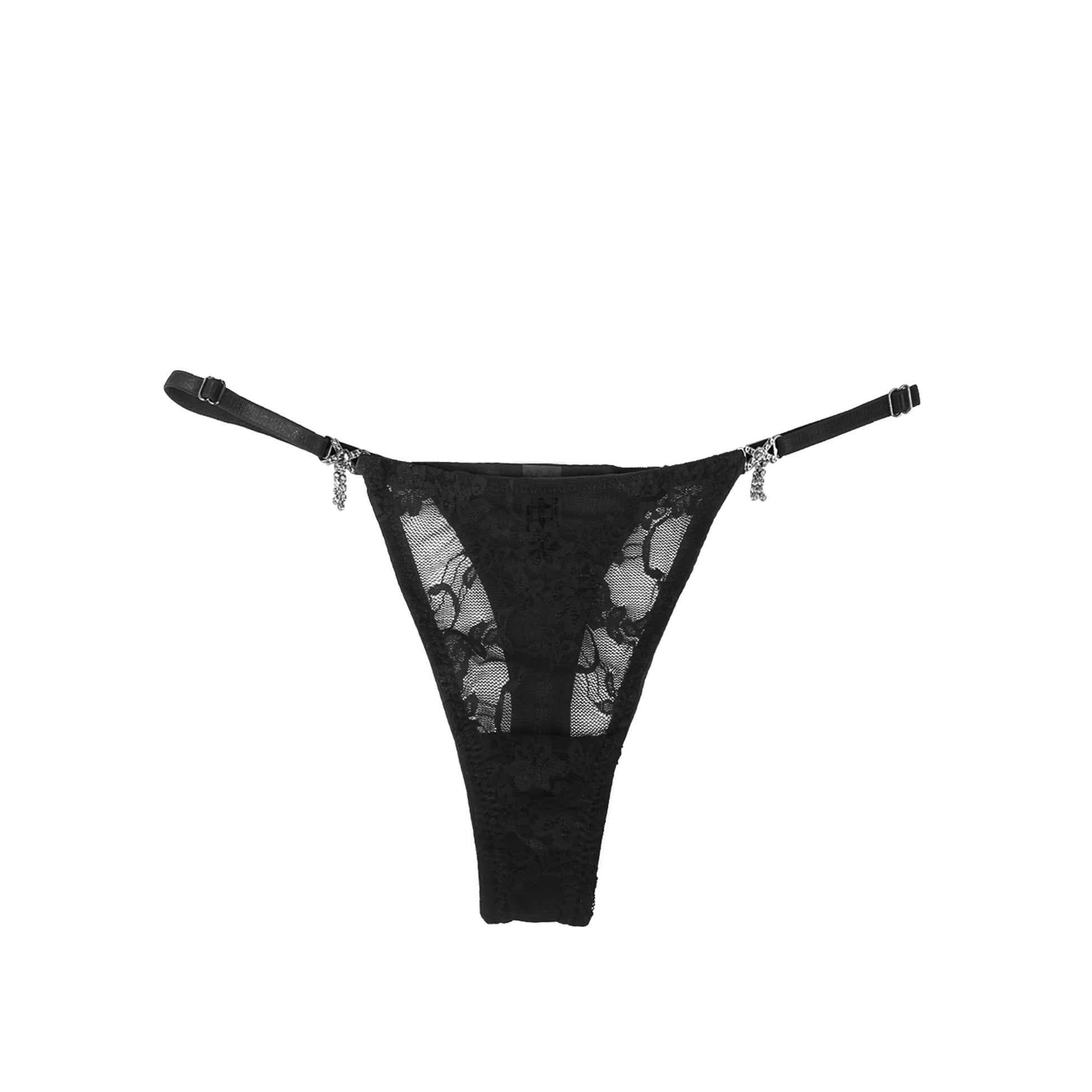Black Lace Mesh Thong – Adjustable Waist & Rhinestone Bow Buttons - TeaseFashion
