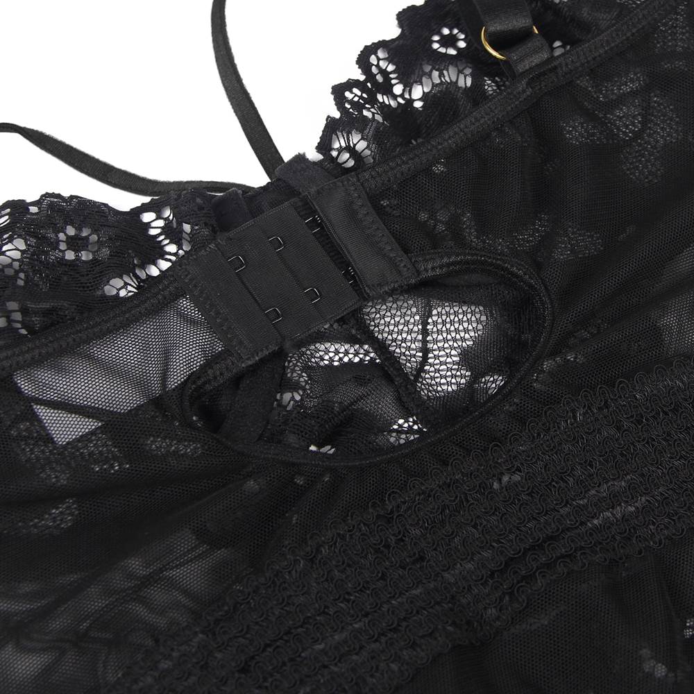 Black Lace & Mesh Underwire Garter Babydoll – Circular Cut - Out Back, Elastic Waist & Garter Belt - TeaseFashion