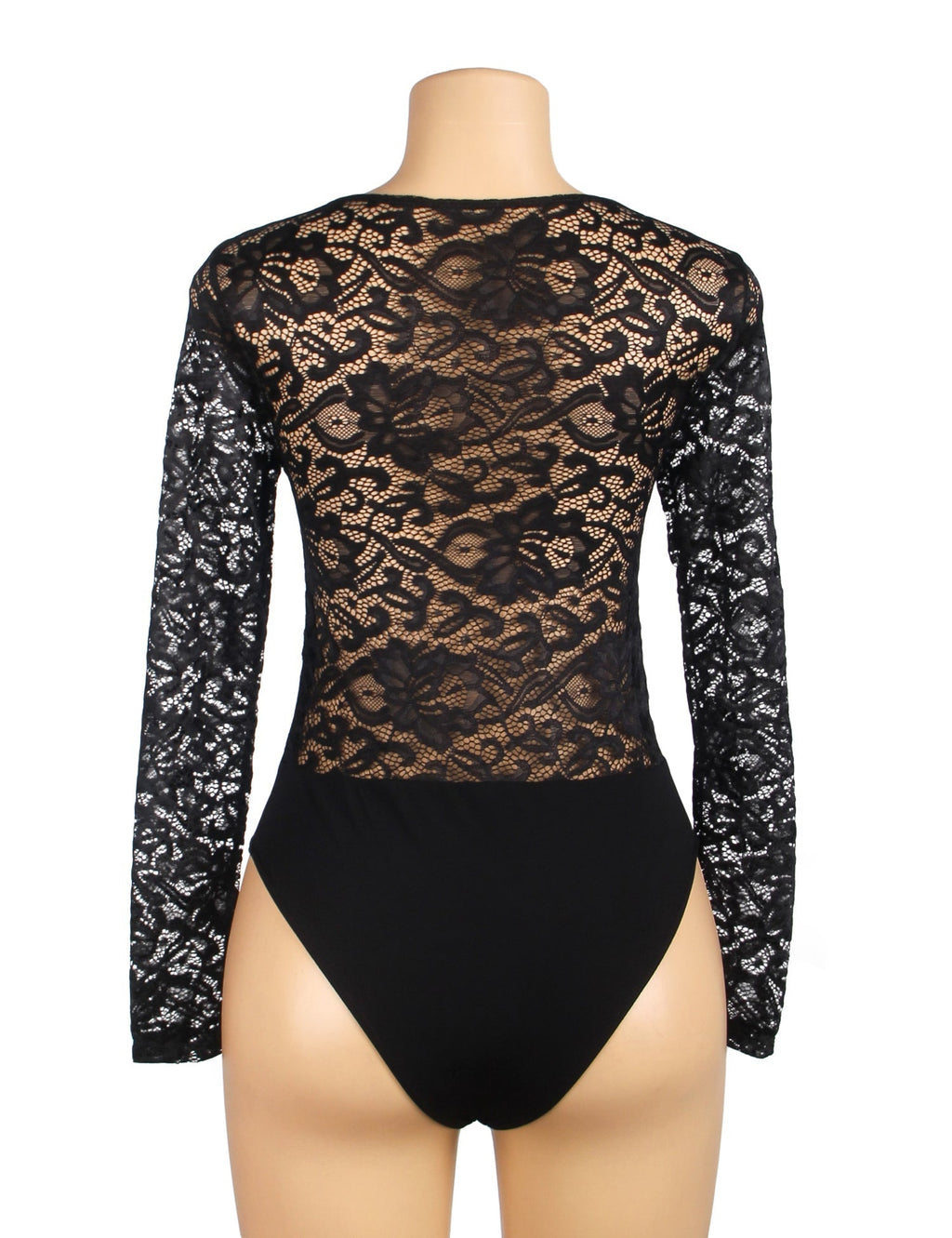 Black Lace & Nylon V - Neck Snap - Crotch Bodysuit - TeaseFashion