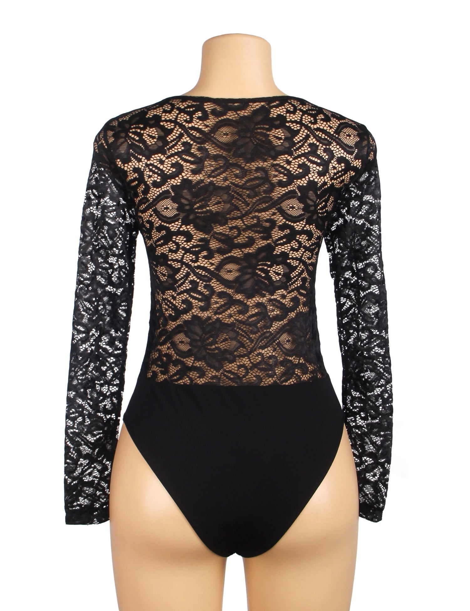 Black Lace & Nylon V - Neck Snap - Crotch Bodysuit - TeaseFashion