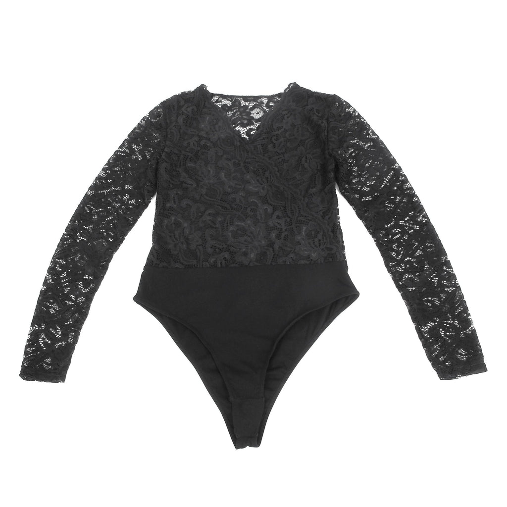 Black Lace & Nylon V - Neck Snap - Crotch Bodysuit - TeaseFashion