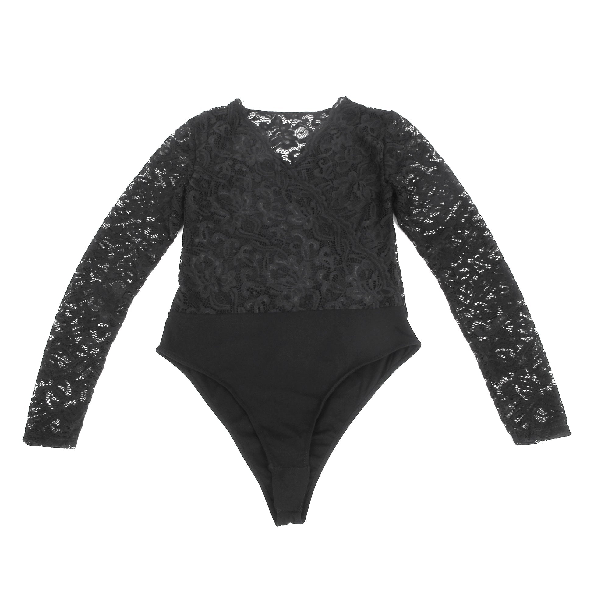 Black Lace & Nylon V - Neck Snap - Crotch Bodysuit - TeaseFashion