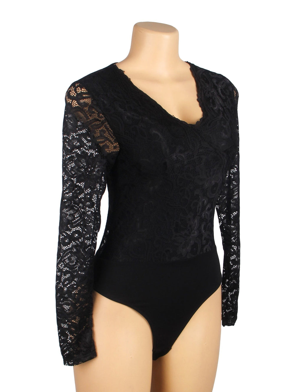 Black Lace & Nylon V - Neck Snap - Crotch Bodysuit - TeaseFashion