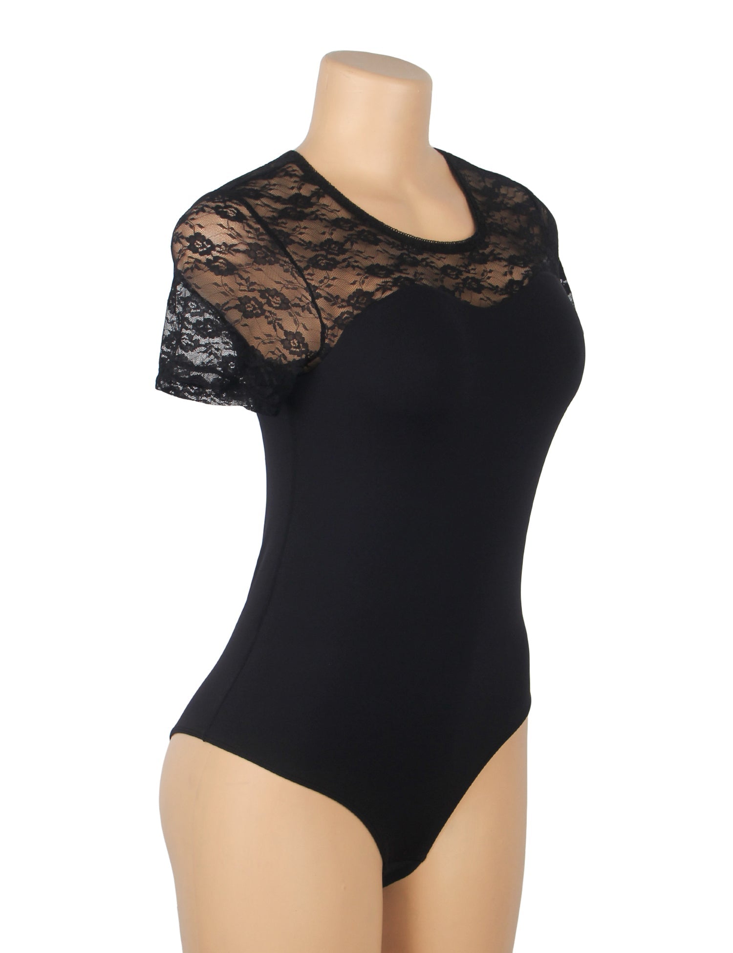 Black Lace - Panel Short - Sleeve Round - Neck Snap - Crotch Bodysuit - TeaseFashion