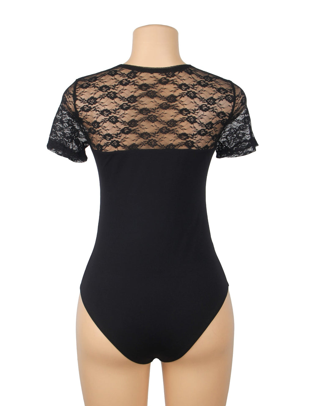 Black Lace - Panel Short - Sleeve Round - Neck Snap - Crotch Bodysuit - TeaseFashion