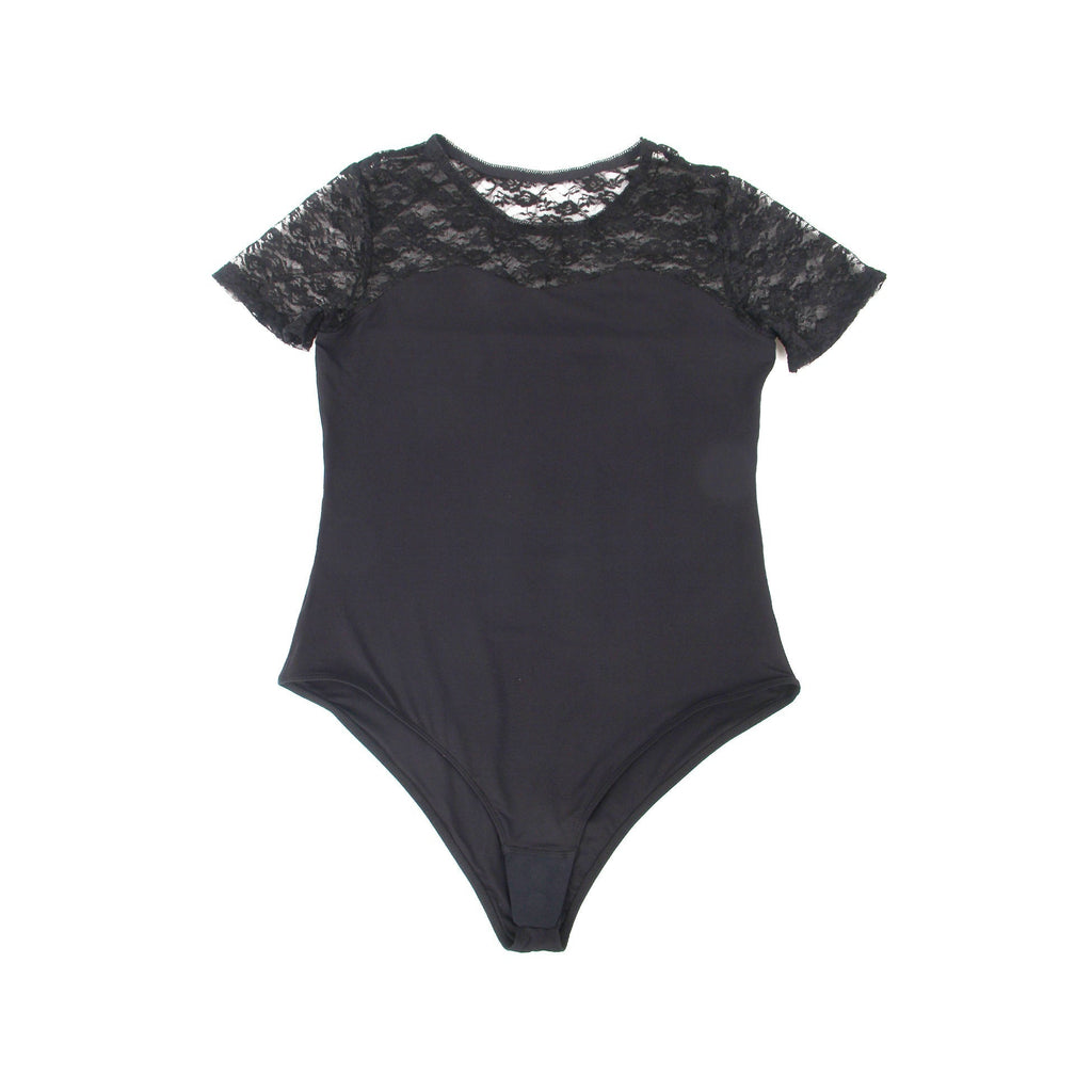 Black Lace - Panel Short - Sleeve Round - Neck Snap - Crotch Bodysuit - TeaseFashion