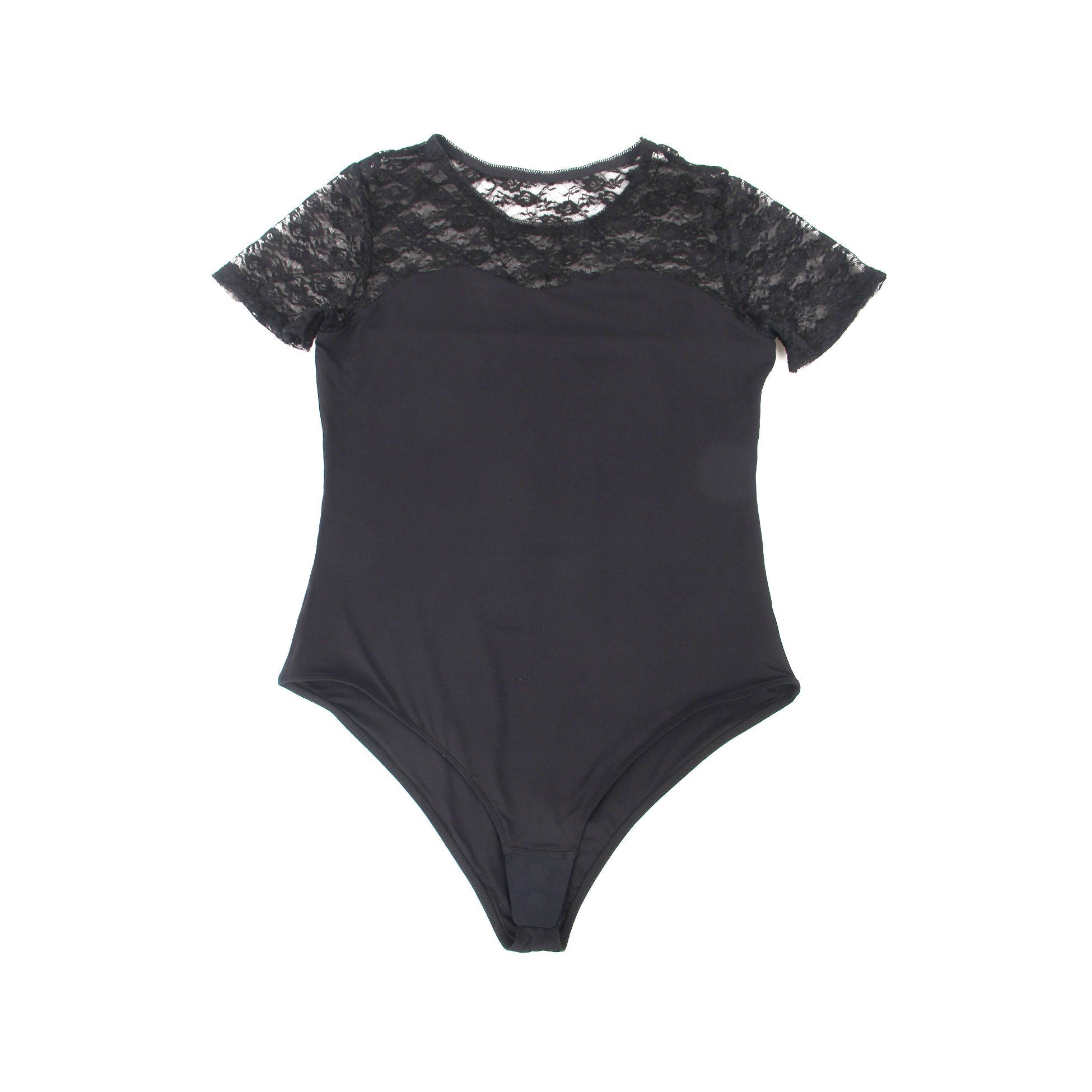 Black Lace - Panel Short - Sleeve Round - Neck Snap - Crotch Bodysuit - TeaseFashion