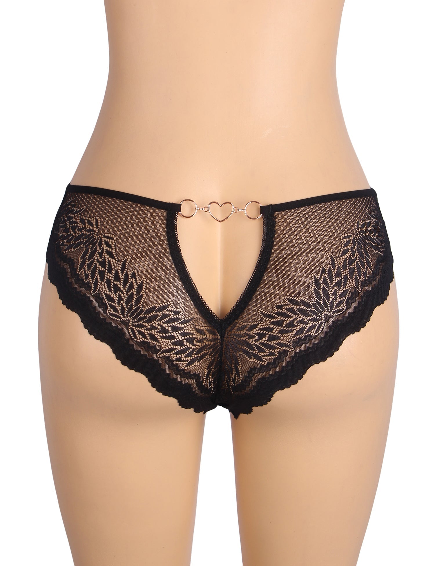 Black Lace Panty – Hollow - Out Back & Heart - Shaped Metal Buckle - TeaseFashion