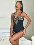 Black Lace Patchwork Suspender Bodysuit – Skin - Tone Lined Front - TeaseFashion
