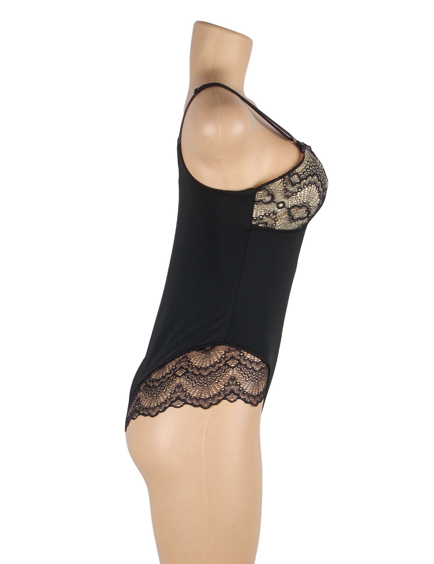 Black Lace Patchwork Suspender Bodysuit – Skin - Tone Lined Front - TeaseFashion