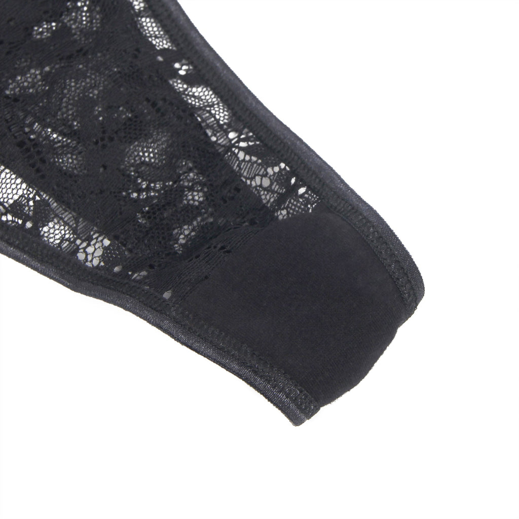 Black Lace T - Back Thong with Letter Rhinestone Waistband - TeaseFashion
