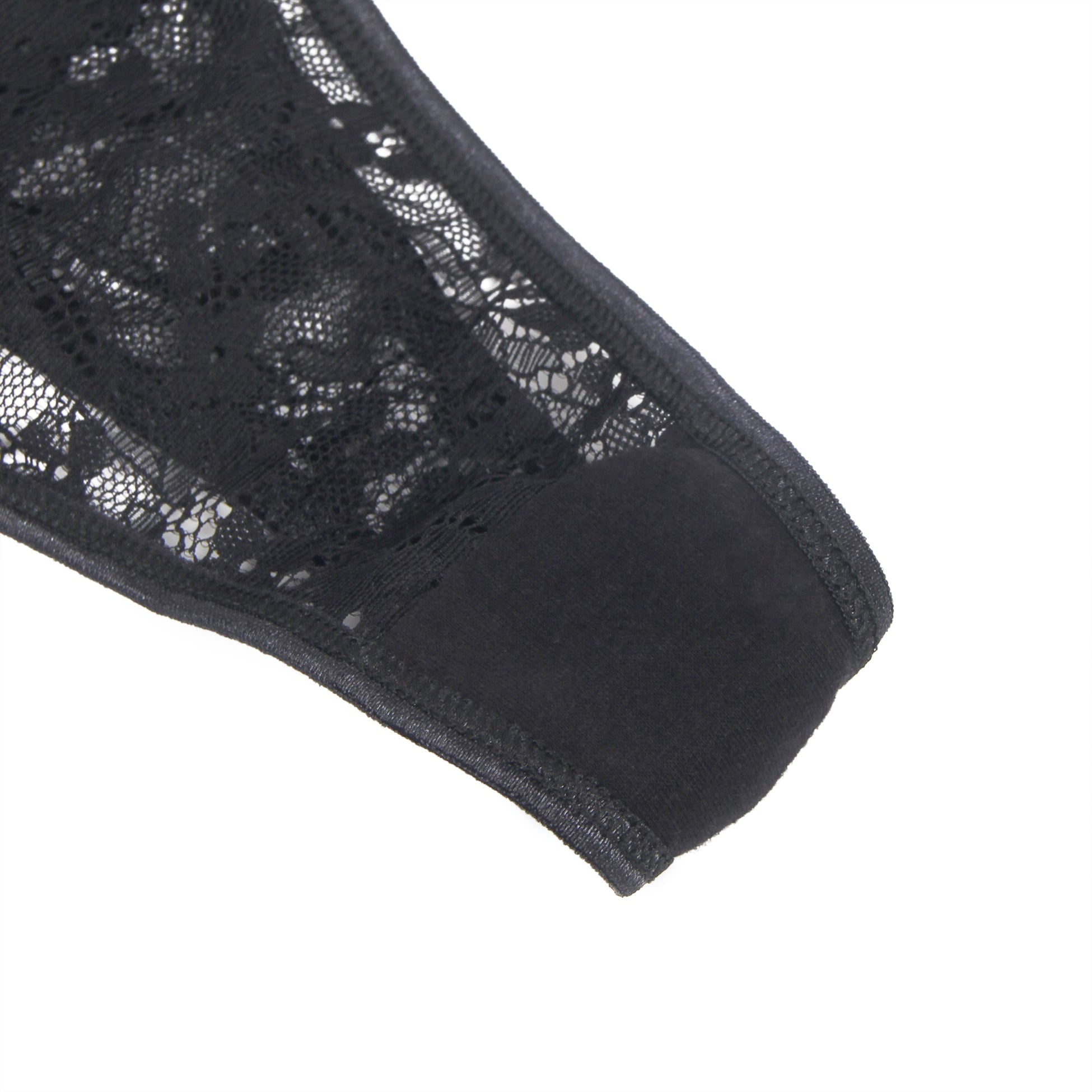 Black Lace T - Back Thong with Letter Rhinestone Waistband - TeaseFashion