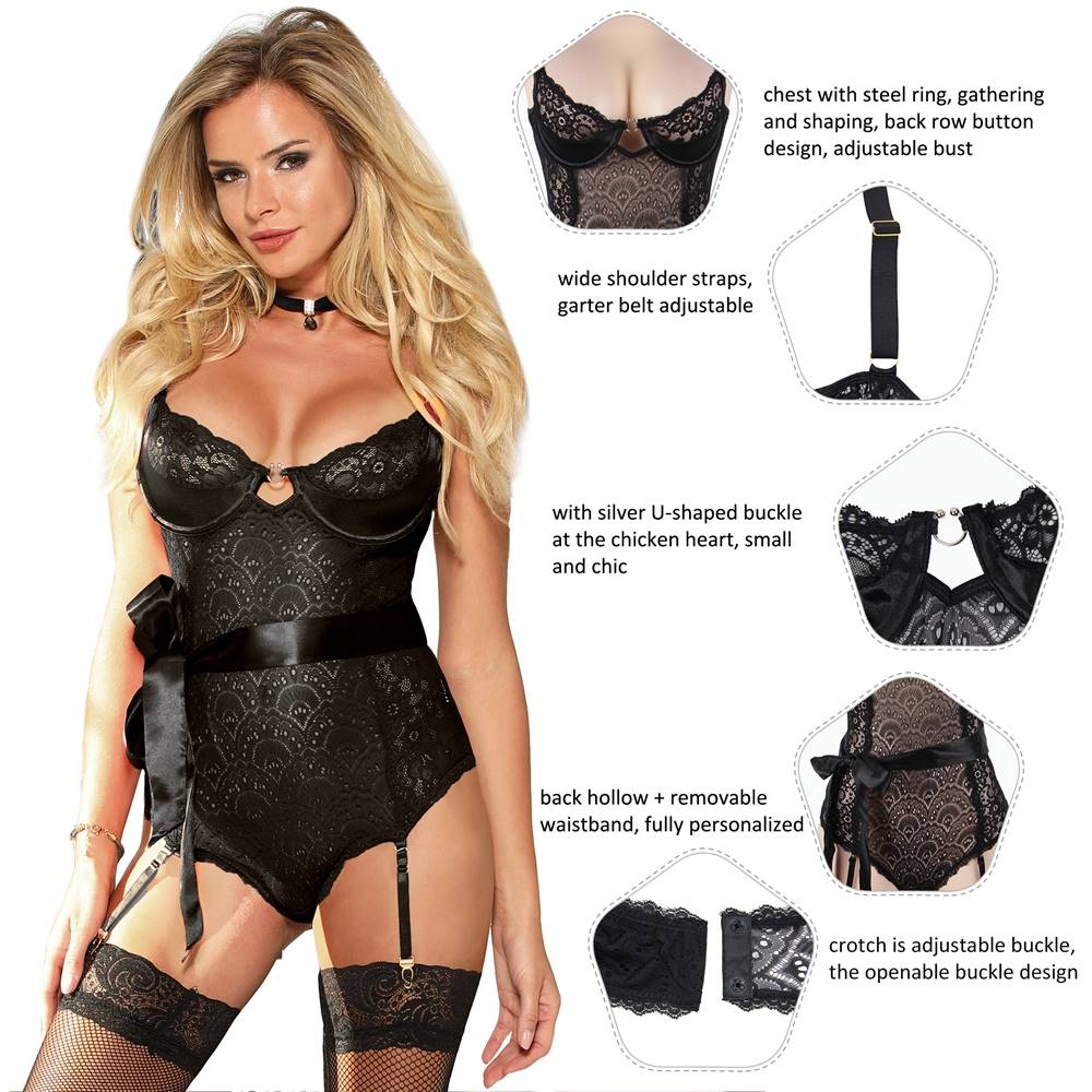 Black Lace Teddy – Underwired Cups, Cut - Out Back, Garter Belts, U - Clasp & Detachable Waist Belt - TeaseFashion