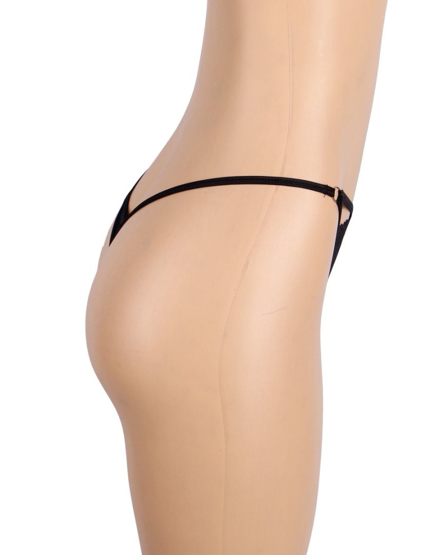 Black Lace Thong with Front Hollow, Metal Ring Waist Belt & Cotton Panel - TeaseFashion
