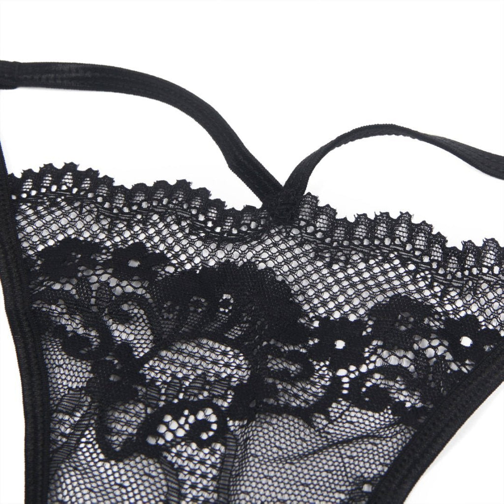 Black Lace Thong with Front Hollow, Metal Ring Waist Belt & Cotton Panel - TeaseFashion