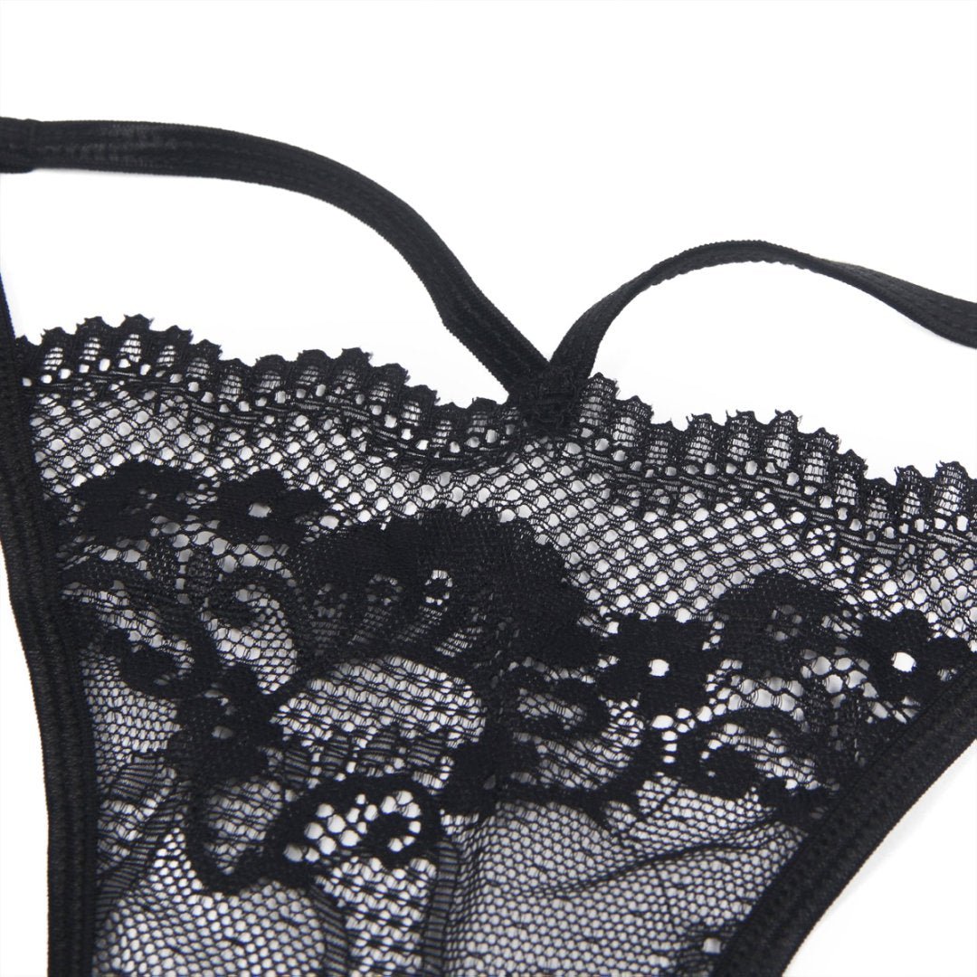 Black Lace Thong with Front Hollow, Metal Ring Waist Belt & Cotton Panel - TeaseFashion