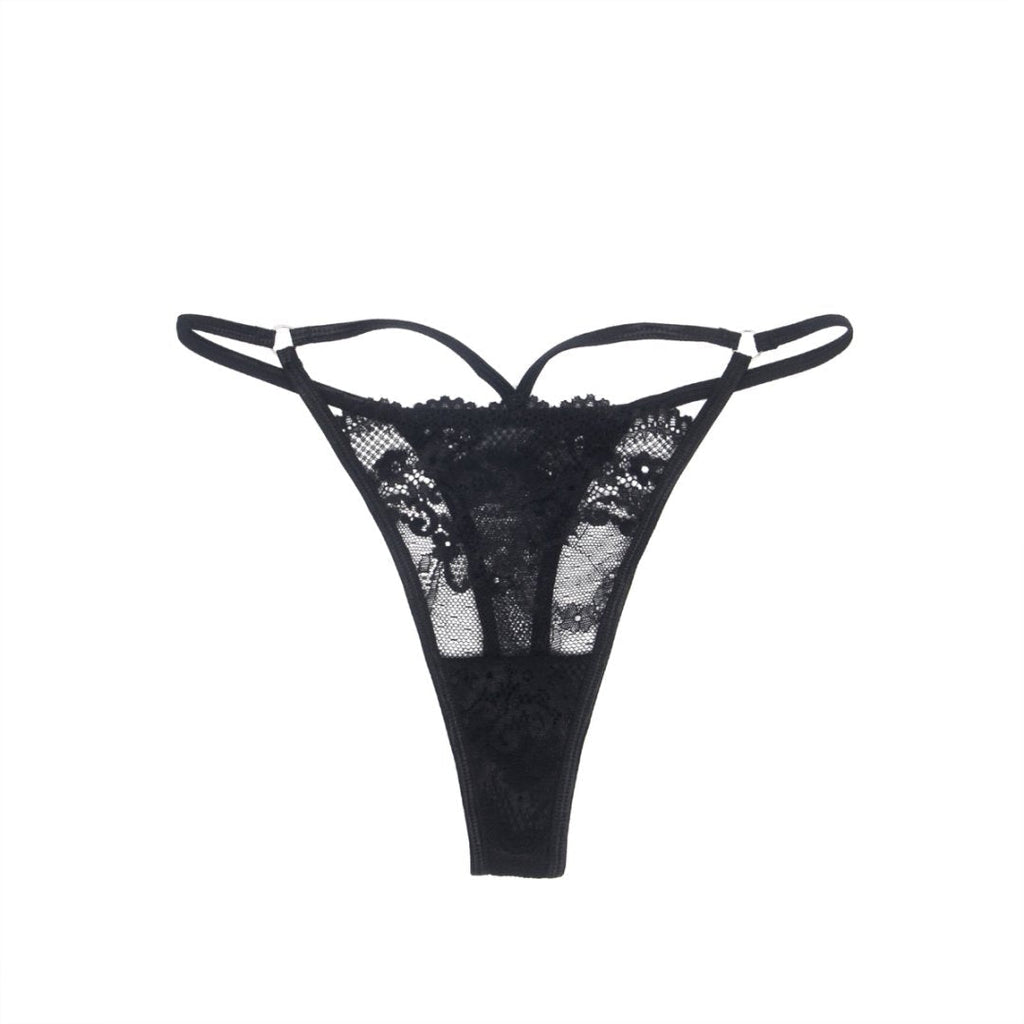 Black Lace Thong with Front Hollow, Metal Ring Waist Belt & Cotton Panel - TeaseFashion
