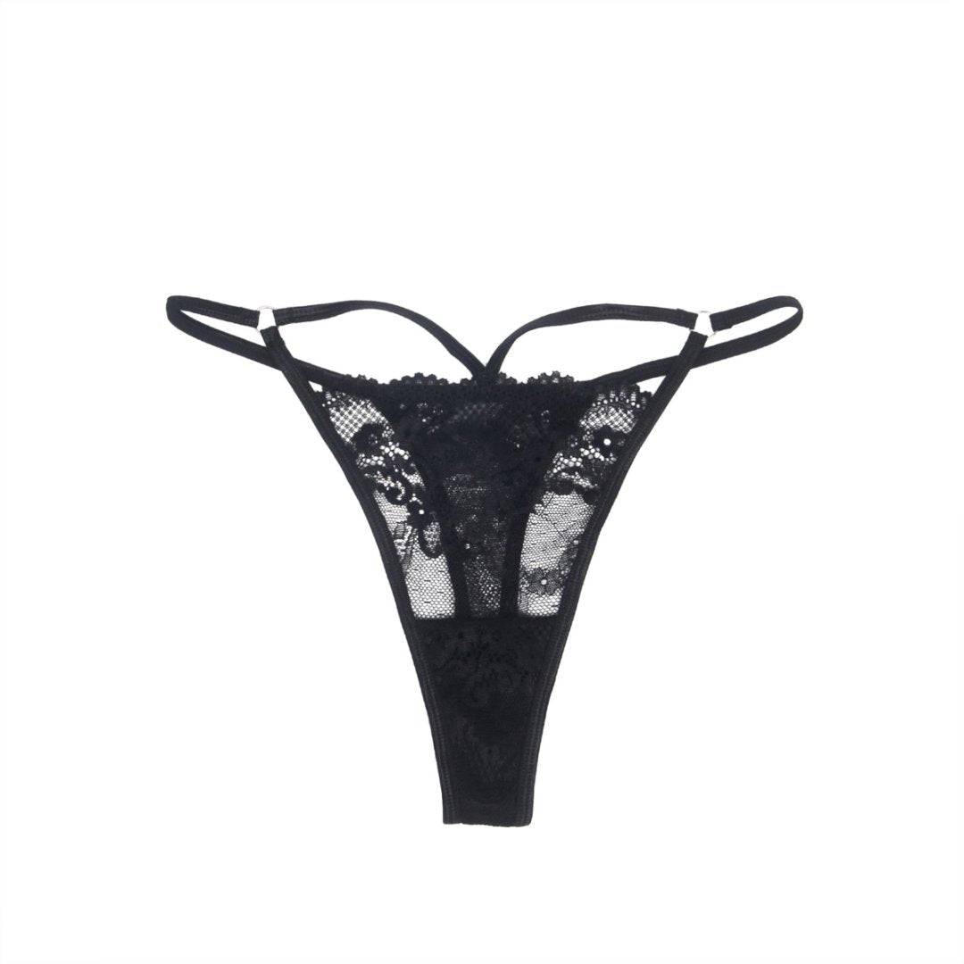 Black Lace Thong with Front Hollow, Metal Ring Waist Belt & Cotton Panel - TeaseFashion