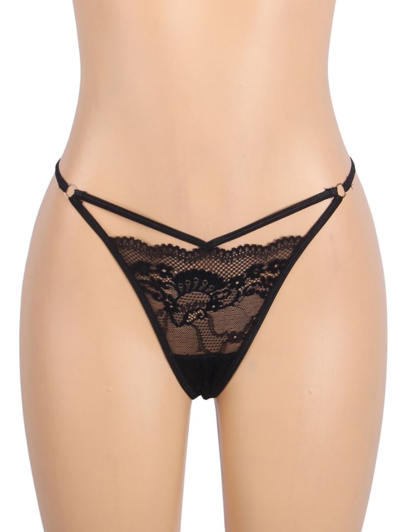 Black Lace Thong with Front Hollow, Metal Ring Waist Belt & Cotton Panel - TeaseFashion