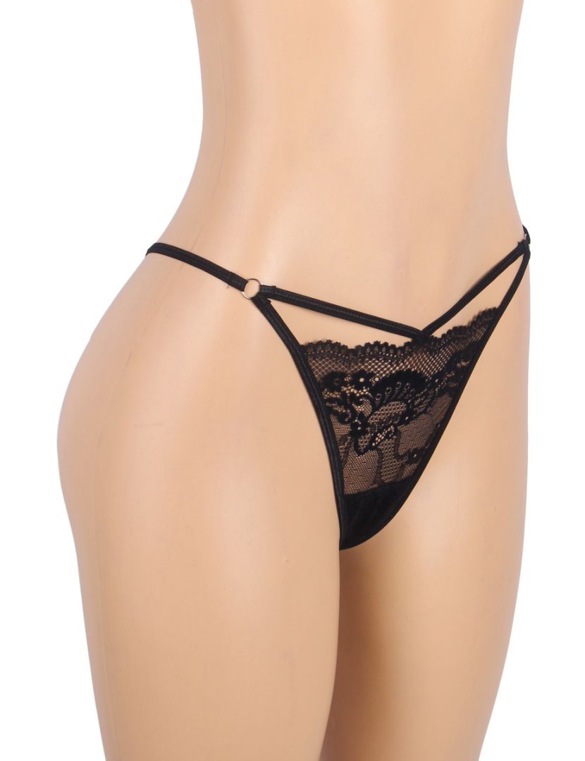 Black Lace Thong with Front Hollow, Metal Ring Waist Belt & Cotton Panel - TeaseFashion
