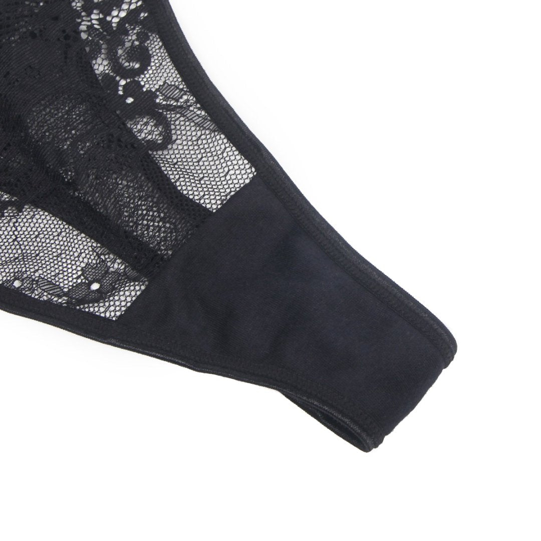 Black Lace Thong with Front Hollow, Metal Ring Waist Belt & Cotton Panel - TeaseFashion