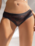 Black Lace Triangle Panty with Multi - Layer Back Trim, Bow Detail & Open Crotch - TeaseFashion