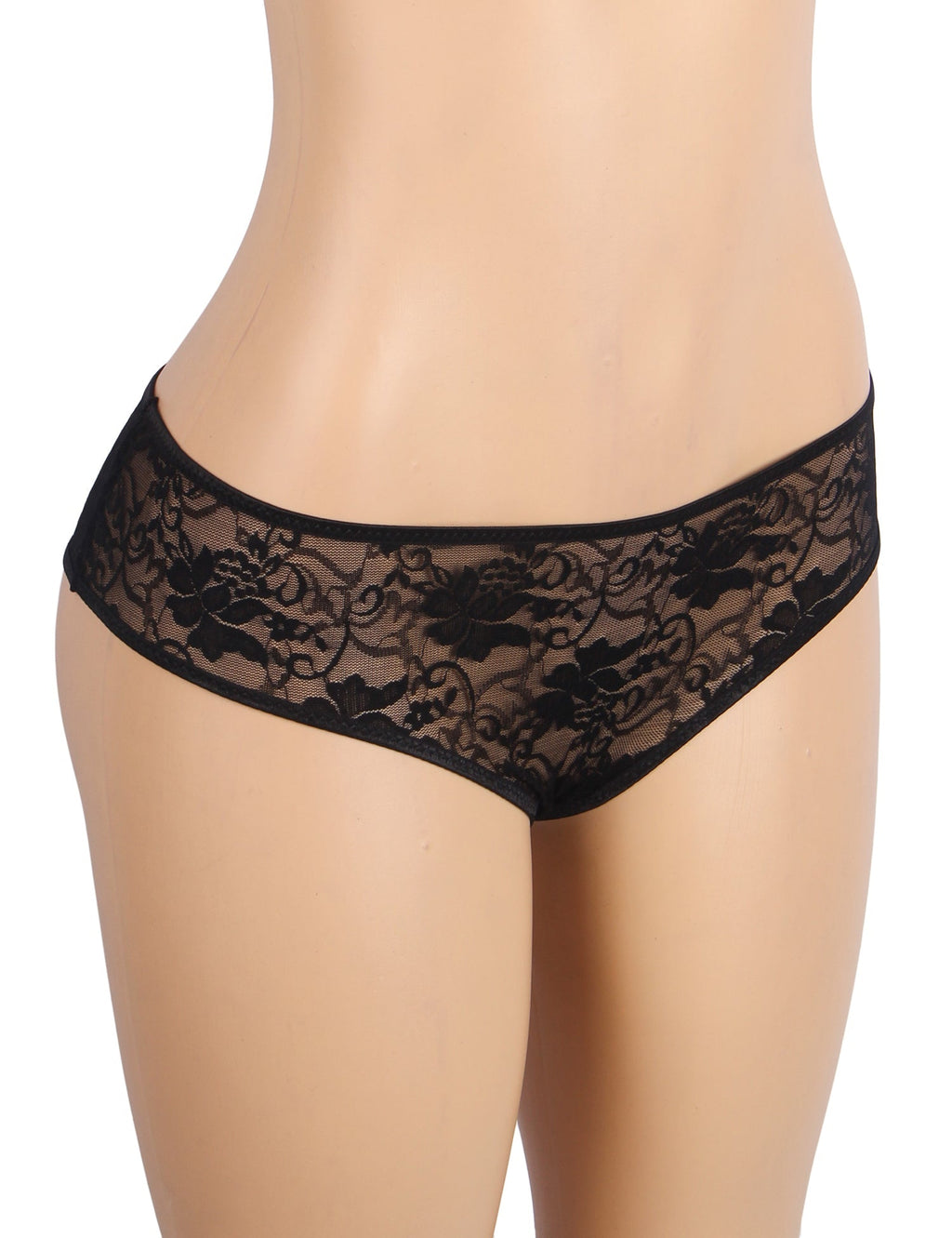 Black Lace Triangle Panty with Multi - Layer Back Trim, Bow Detail & Open Crotch - TeaseFashion