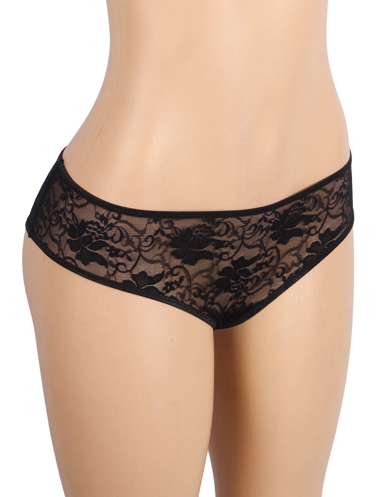 Black Lace Triangle Panty with Multi - Layer Back Trim, Bow Detail & Open Crotch - TeaseFashion