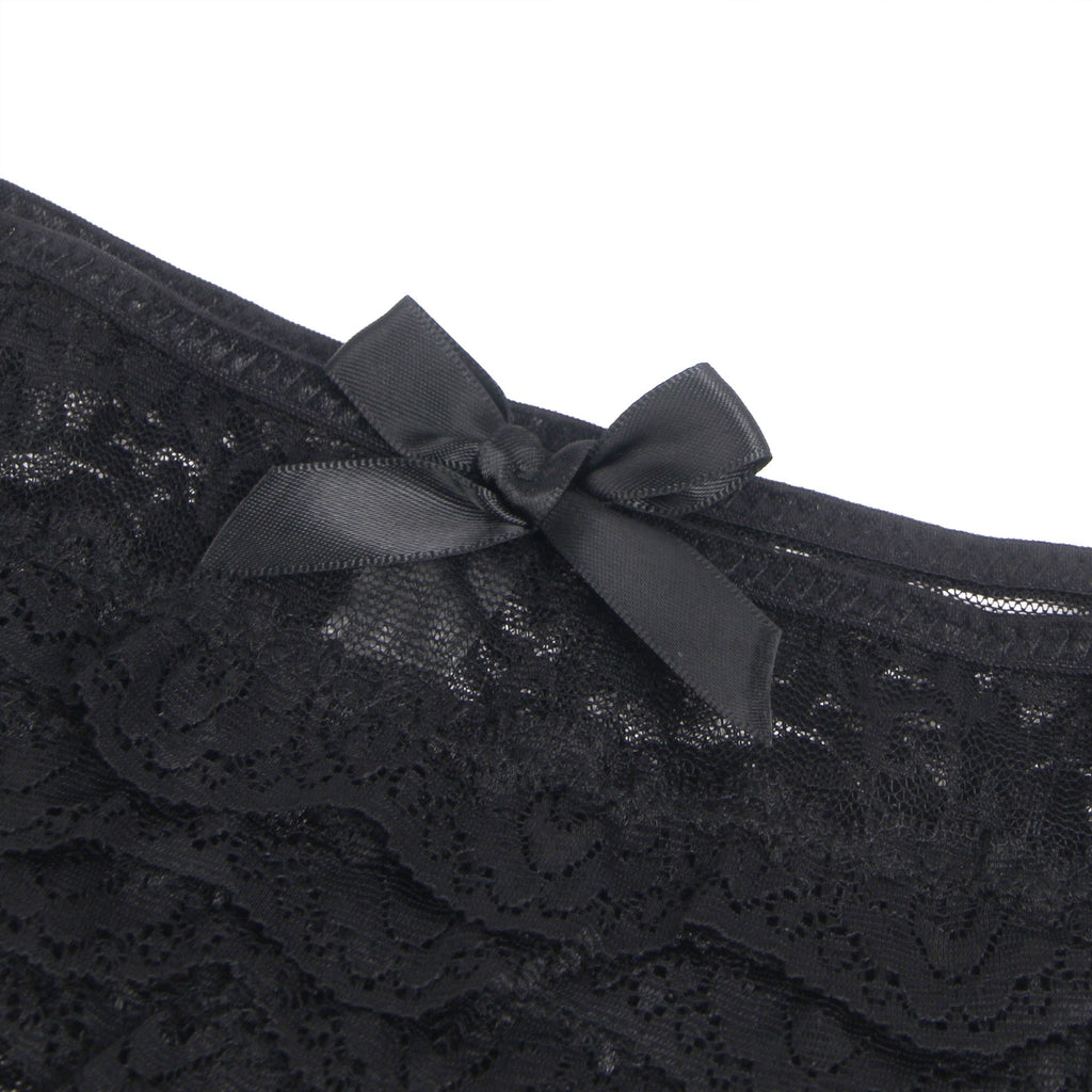 Black Lace Triangle Panty with Multi - Layer Back Trim, Bow Detail & Open Crotch - TeaseFashion